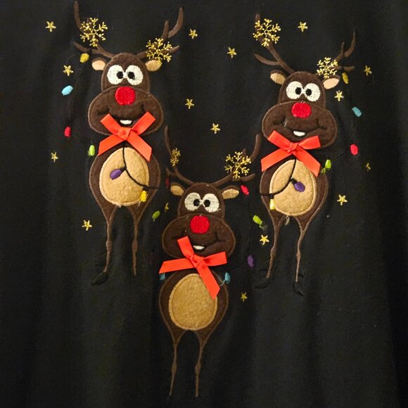 Long sleeve black christmas holiday novelty top three cute reindeer red bows L - Picture 3 of 8